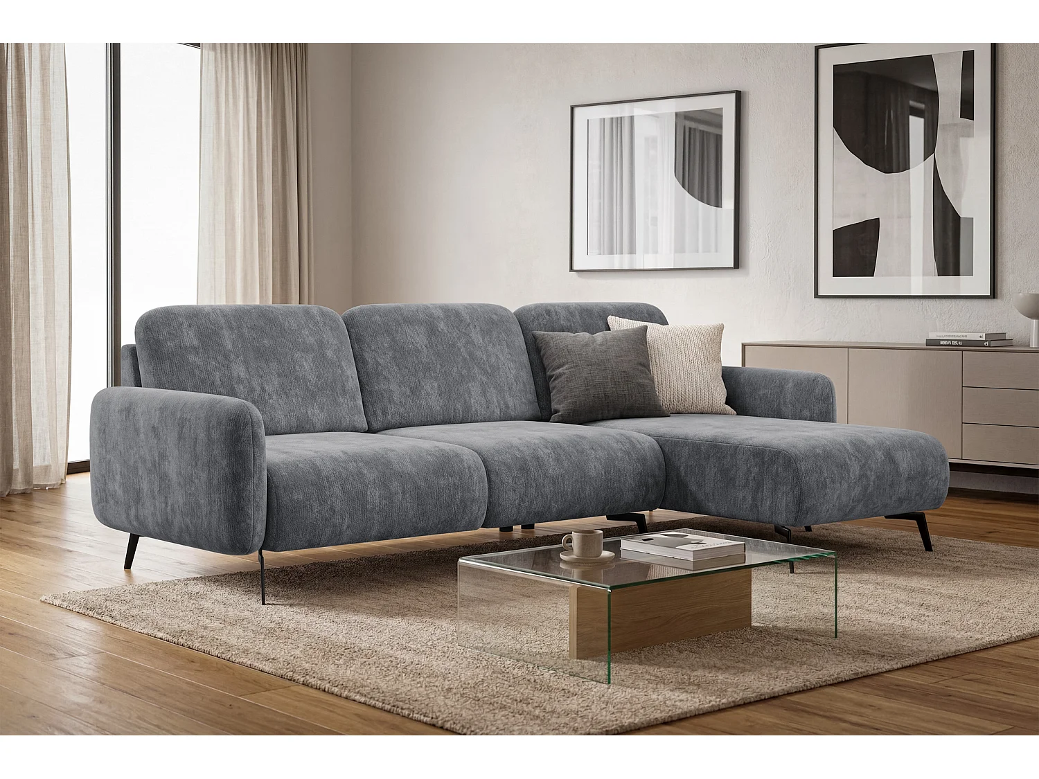 Ecksofa 4-Sitzer rechts FEBE, grauer Chenille-Stoff