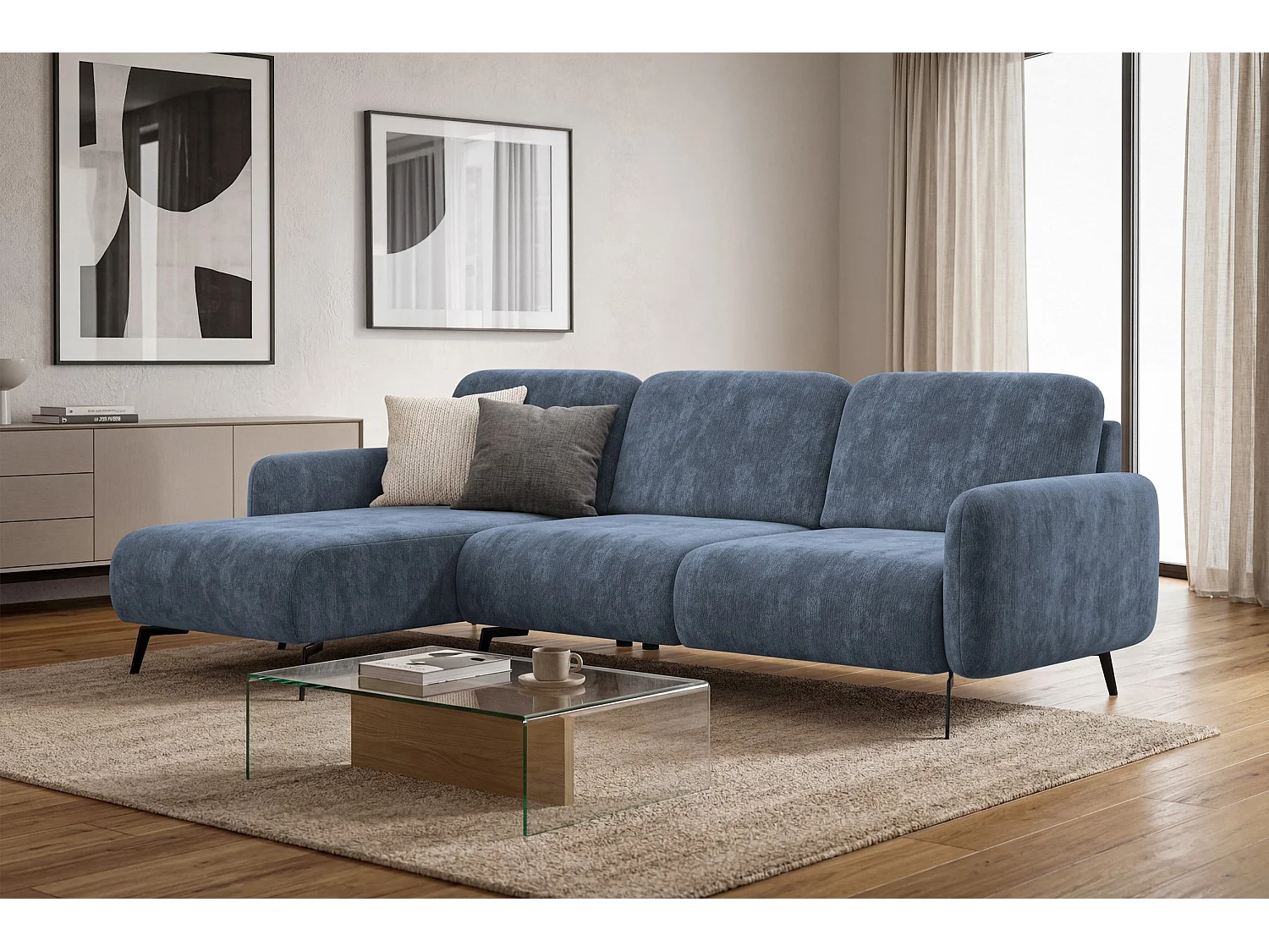 CANAPÉ D'ANGLE FEBE 4 places gauche, tissu chenille bleu marine