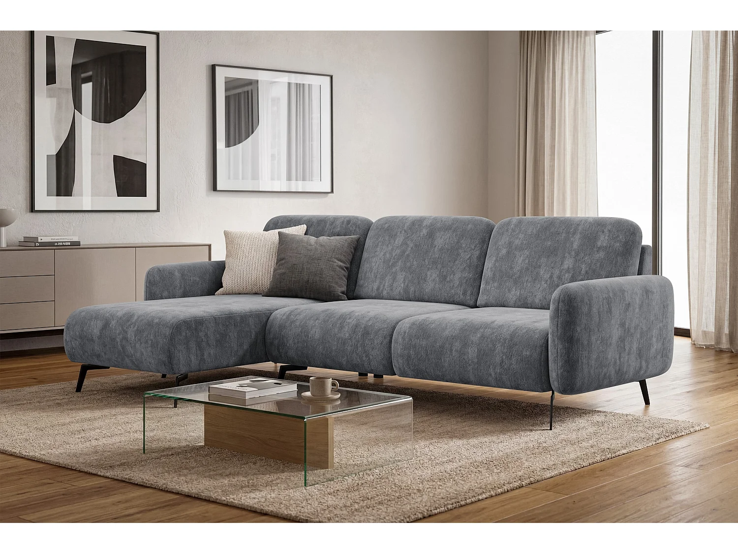 CANAPÉ D'ANGLE FEBE 4 places gauche, tissu chenille gris