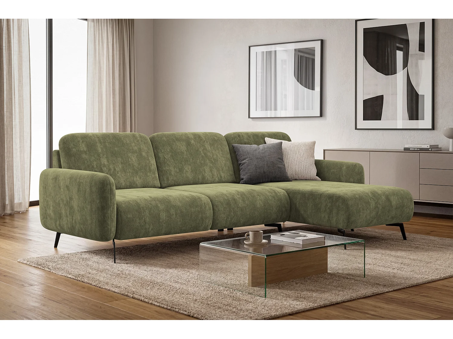 Ecksofa 4-Sitzer rechts FEBE, olivgrüner Chenille-Stoff
