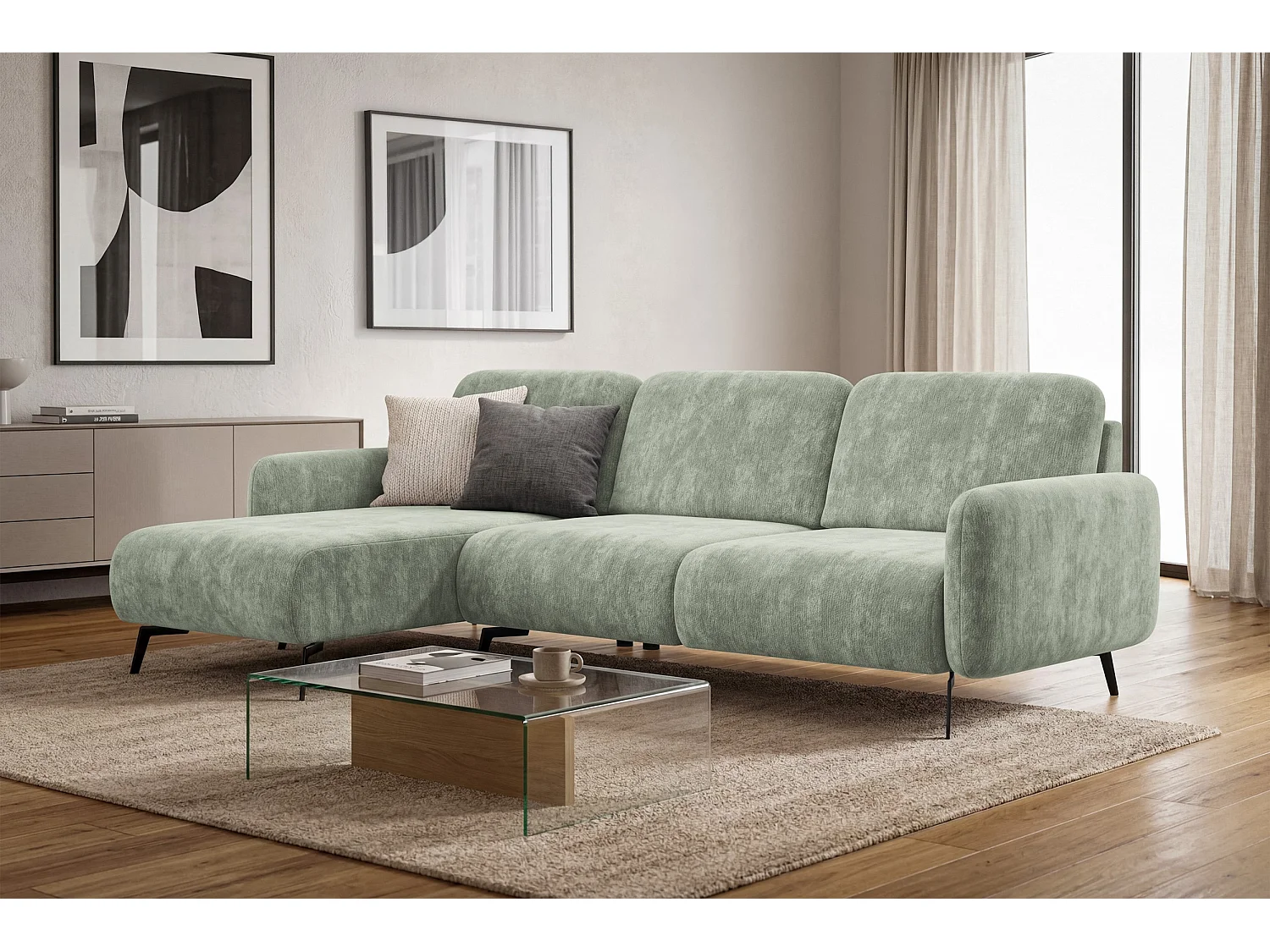 CANAPÉ D'ANGLE FEBE 4 places gauche, tissu chenille sauge