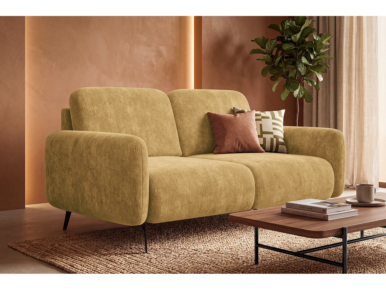 Sofa 2-Sitzer FEBE, safranfarbener Chenille-Stoff