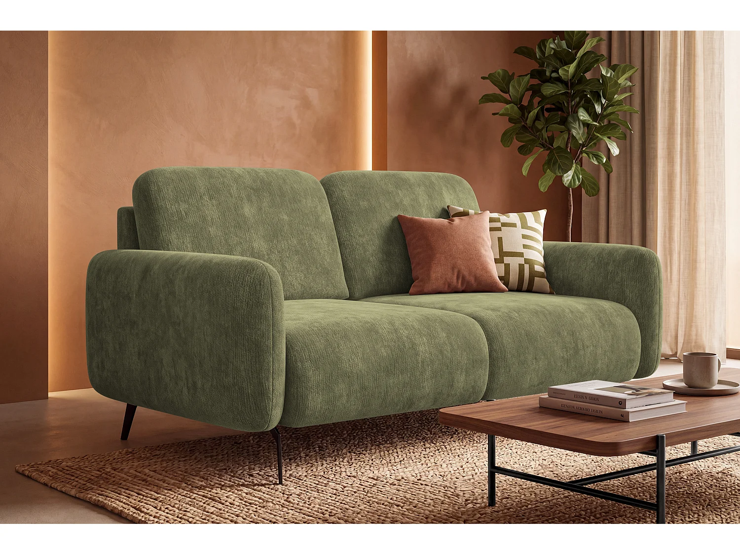Sofa 2-Sitzer FEBE, olivgrüner Chenille-Stoff