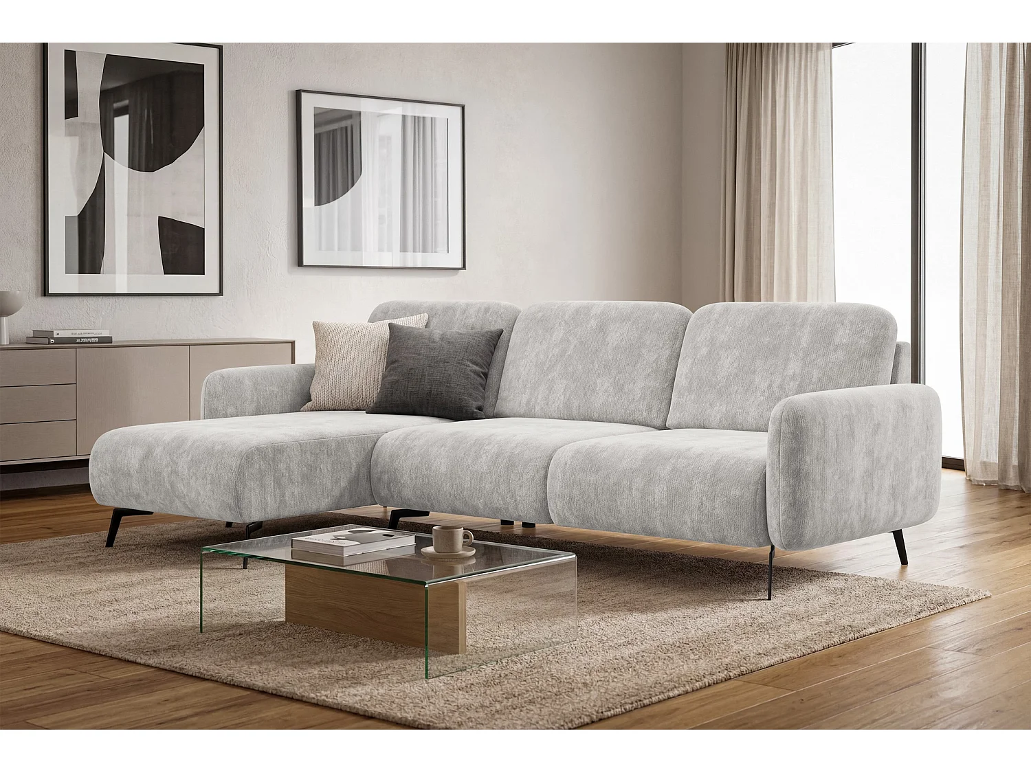 CANAPÉ D'ANGLE FEBE 4 places gauche, tissu chenille gris clair