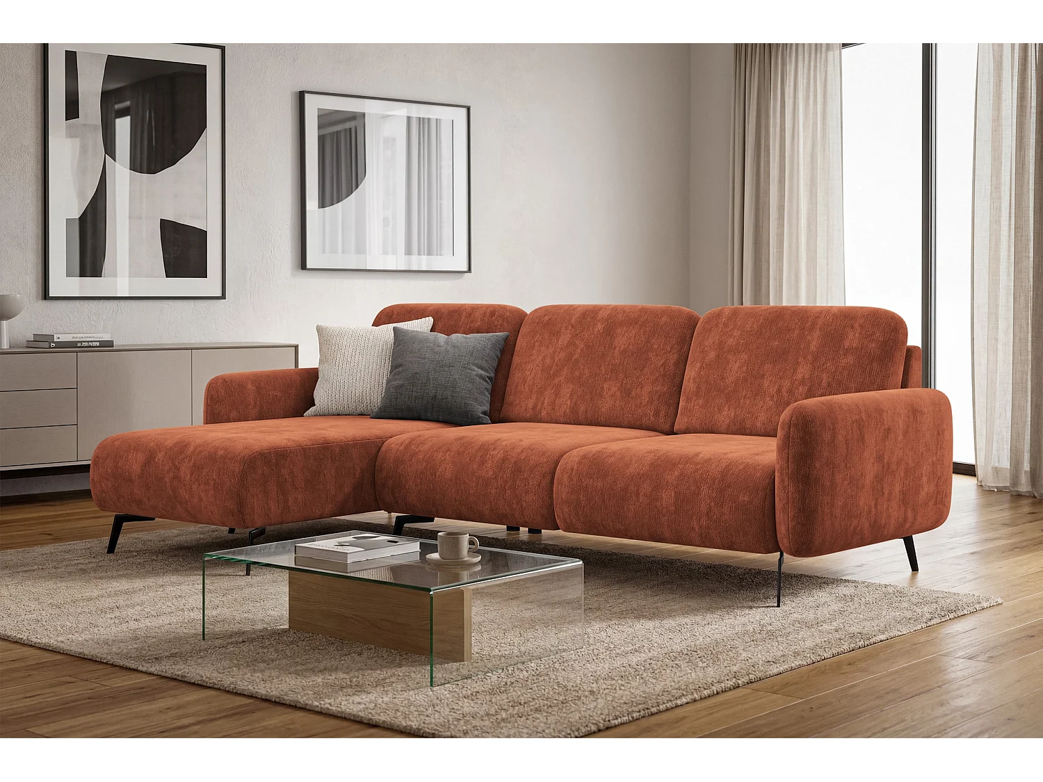 CANAPÉ D'ANGLE FEBE 4 places gauche, tissu chenille orange foncé