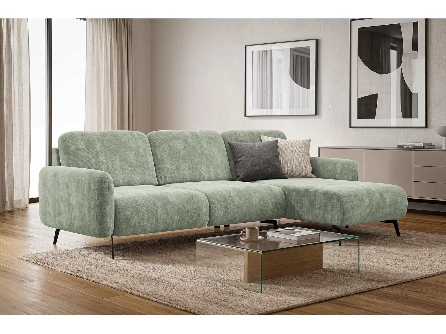 Ecksofa 4-Sitzer rechts FEBE, hellgrüner Chenille-Stoff