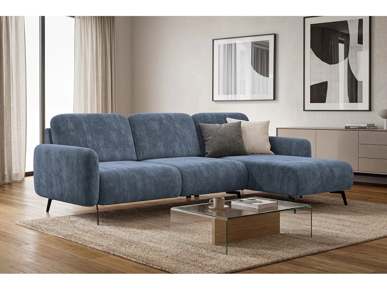 Ecksofa 4-Sitzer rechts FEBE, marineblauer Chenille-Stoff