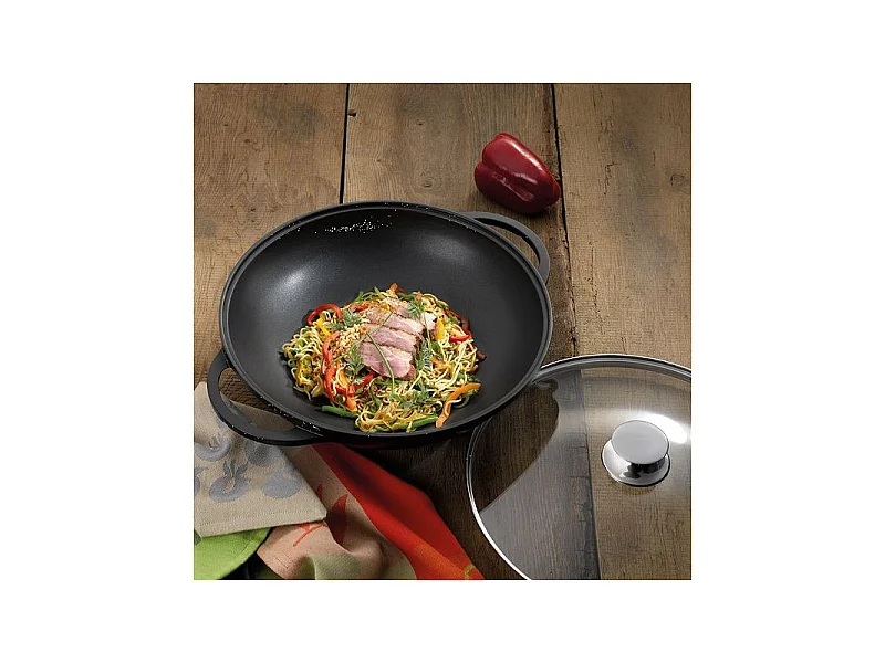 Kela Line Wok en fonte d'aluminium + couvercle verre 32cm noir - 15157