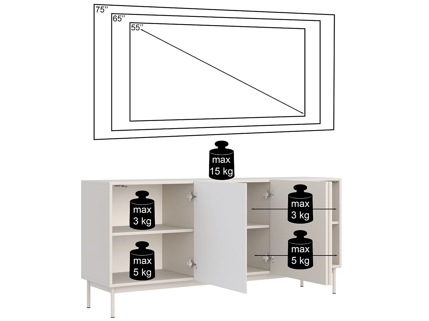 TV-Board 3-türig hoch - Schwarz - 160 cm - Olio