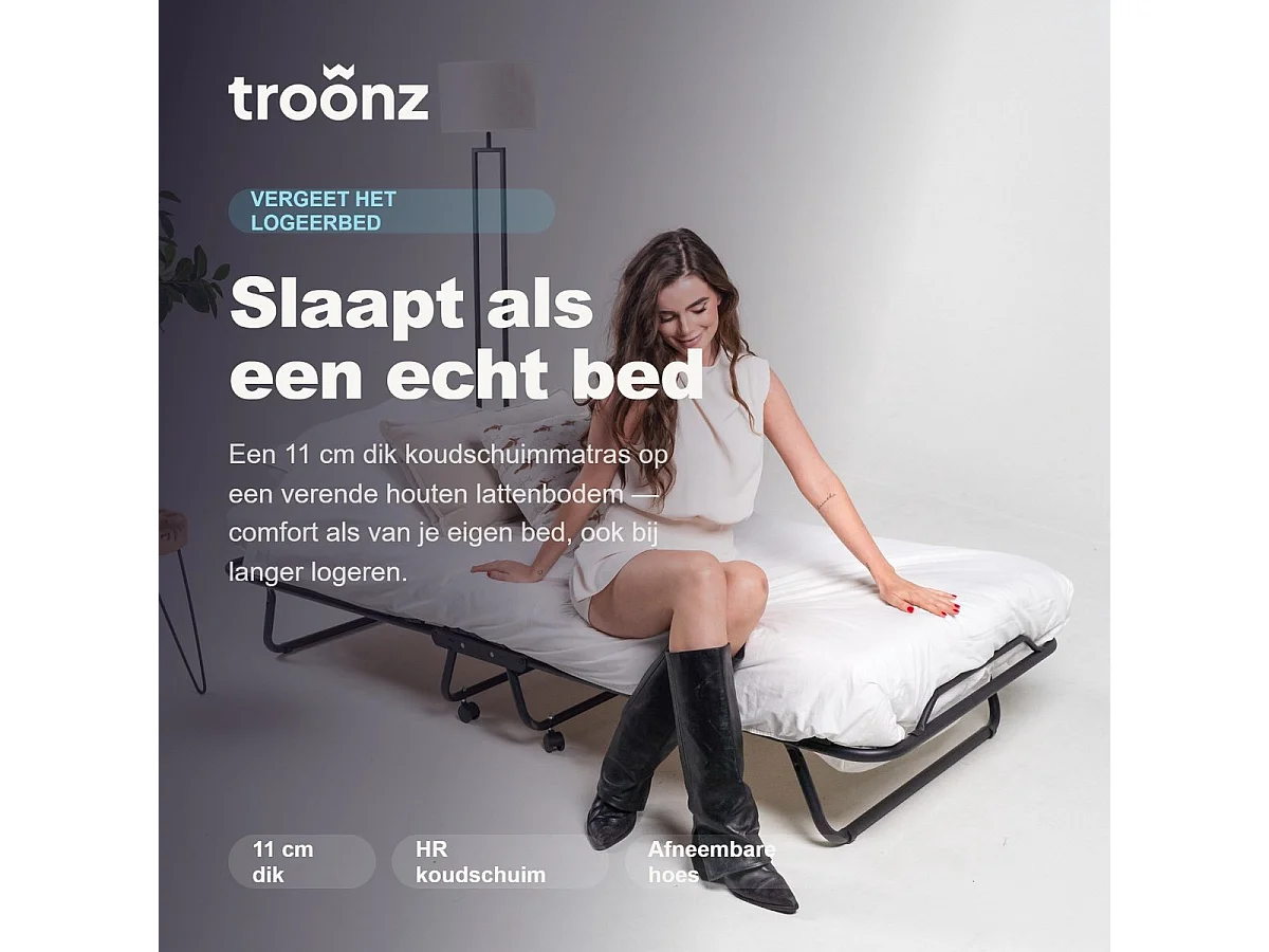 Troonz Klappbett Verona 90x200 Schwarz Metall - Stahl-Boxspringbett