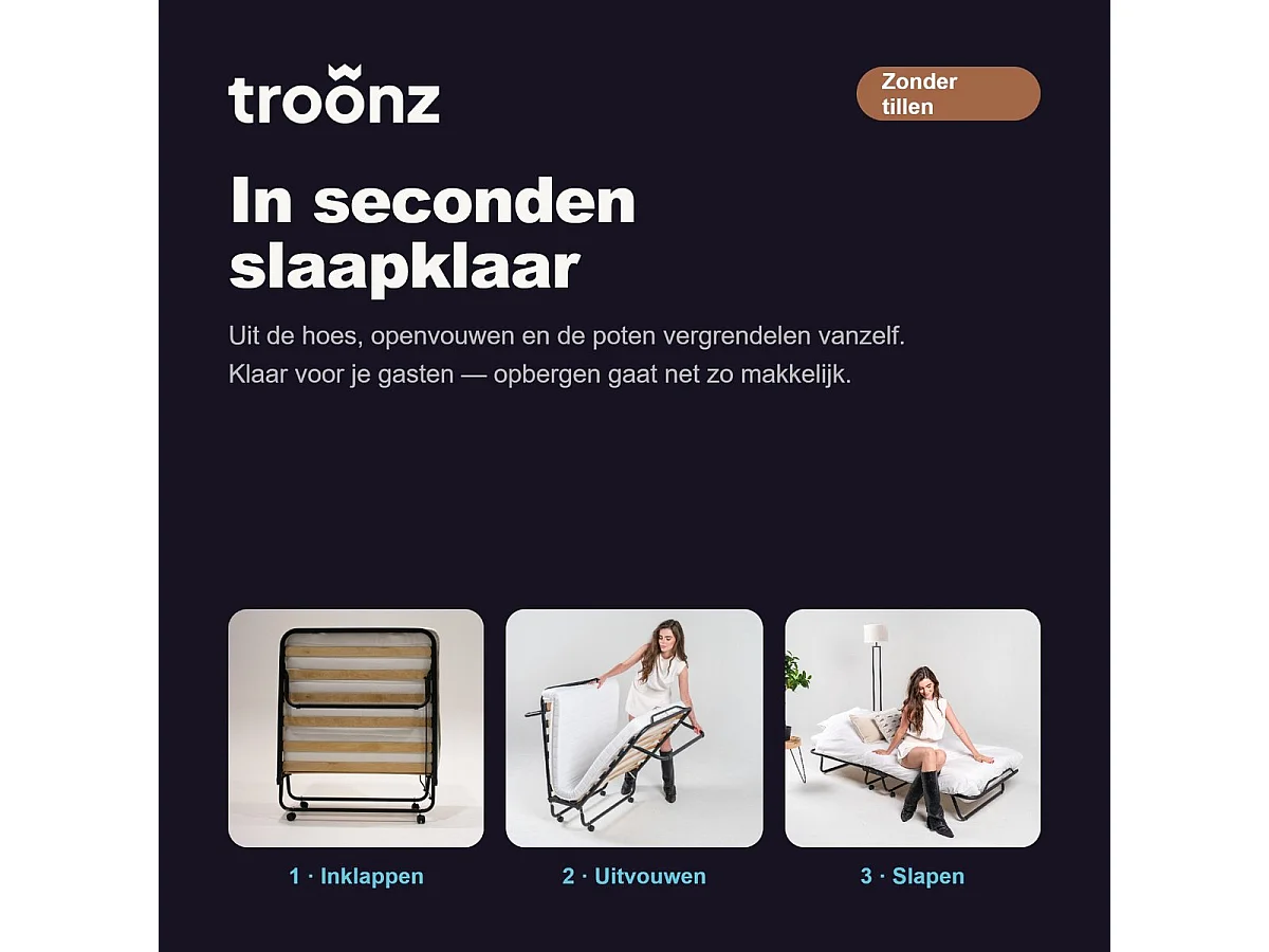 Troonz Klappbett Verona 90x200 Schwarz Metall - Stahl-Boxspringbett