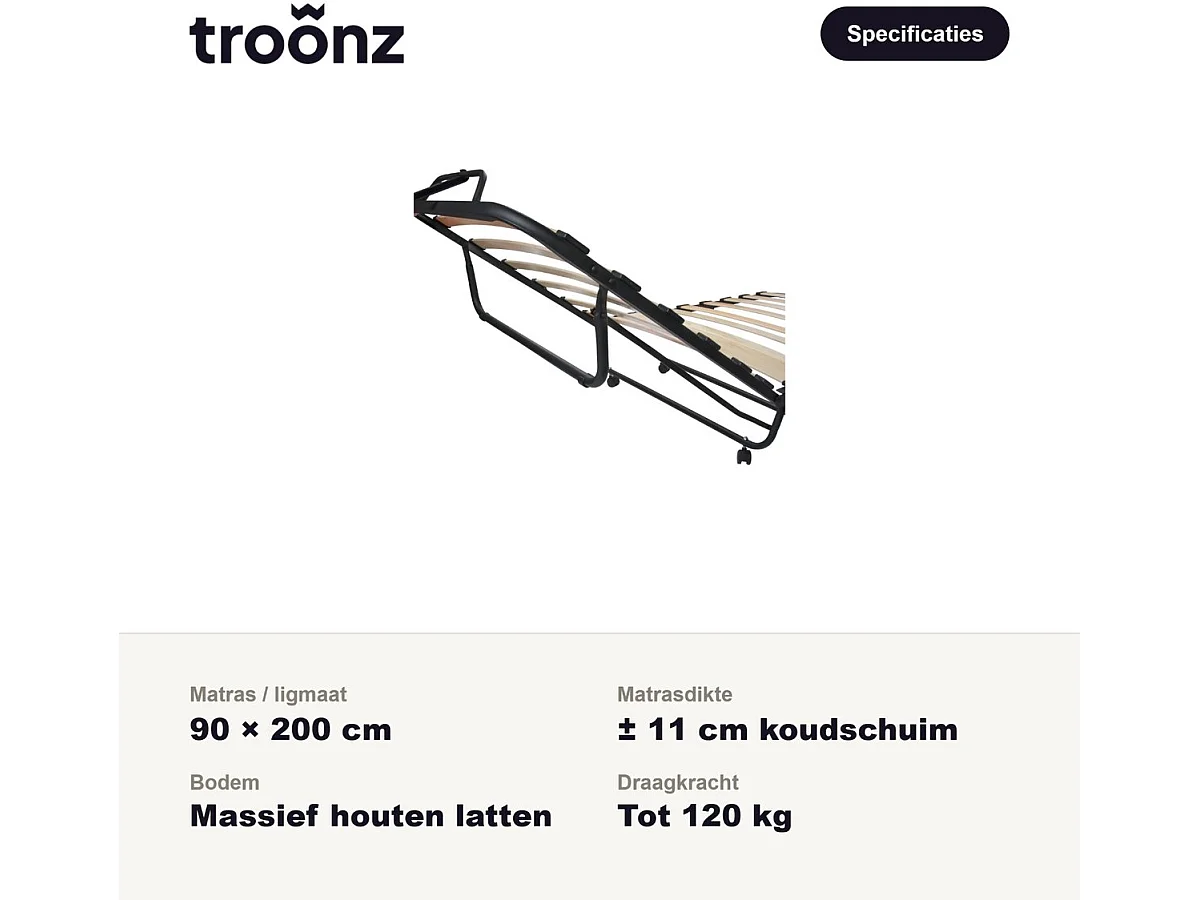 Troonz Klappbett Verona 90x200 Schwarz Metall - Stahl-Boxspringbett