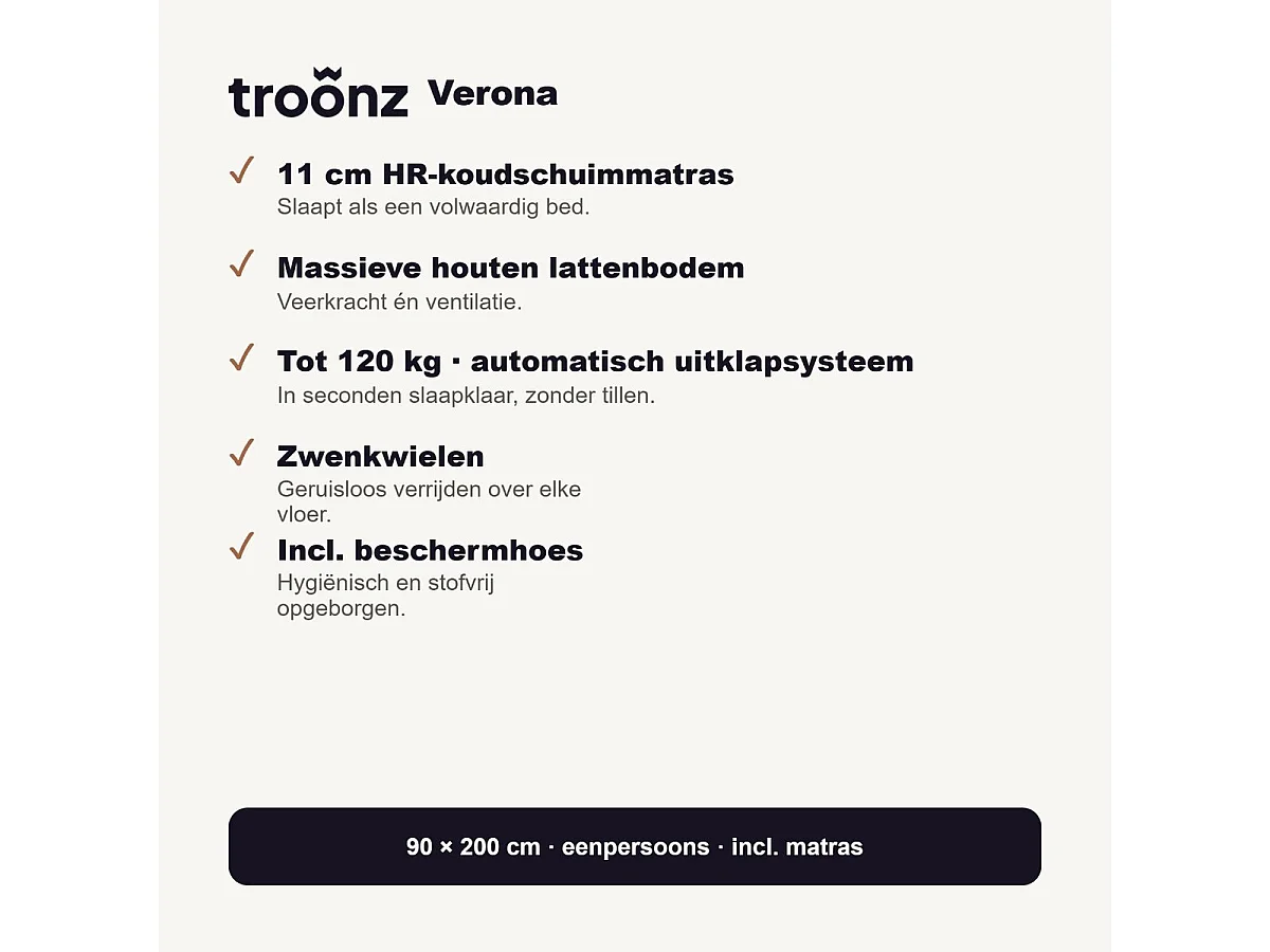Troonz Klappbett Verona 90x200 Schwarz Metall - Stahl-Boxspringbett
