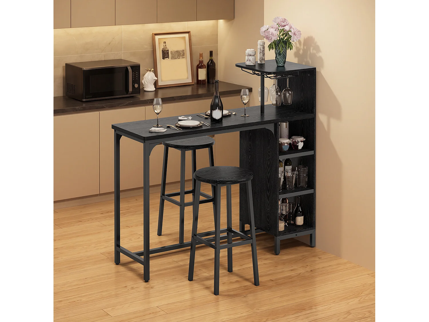 Ensemble de Table de Bar, comprenant 2 Tabourets, Table avec Porte-Verres à Vin et Support pour Bouteilles, Étagère Latérale 120×40×120 cm, Chaise 39×16×60 cm, Noir