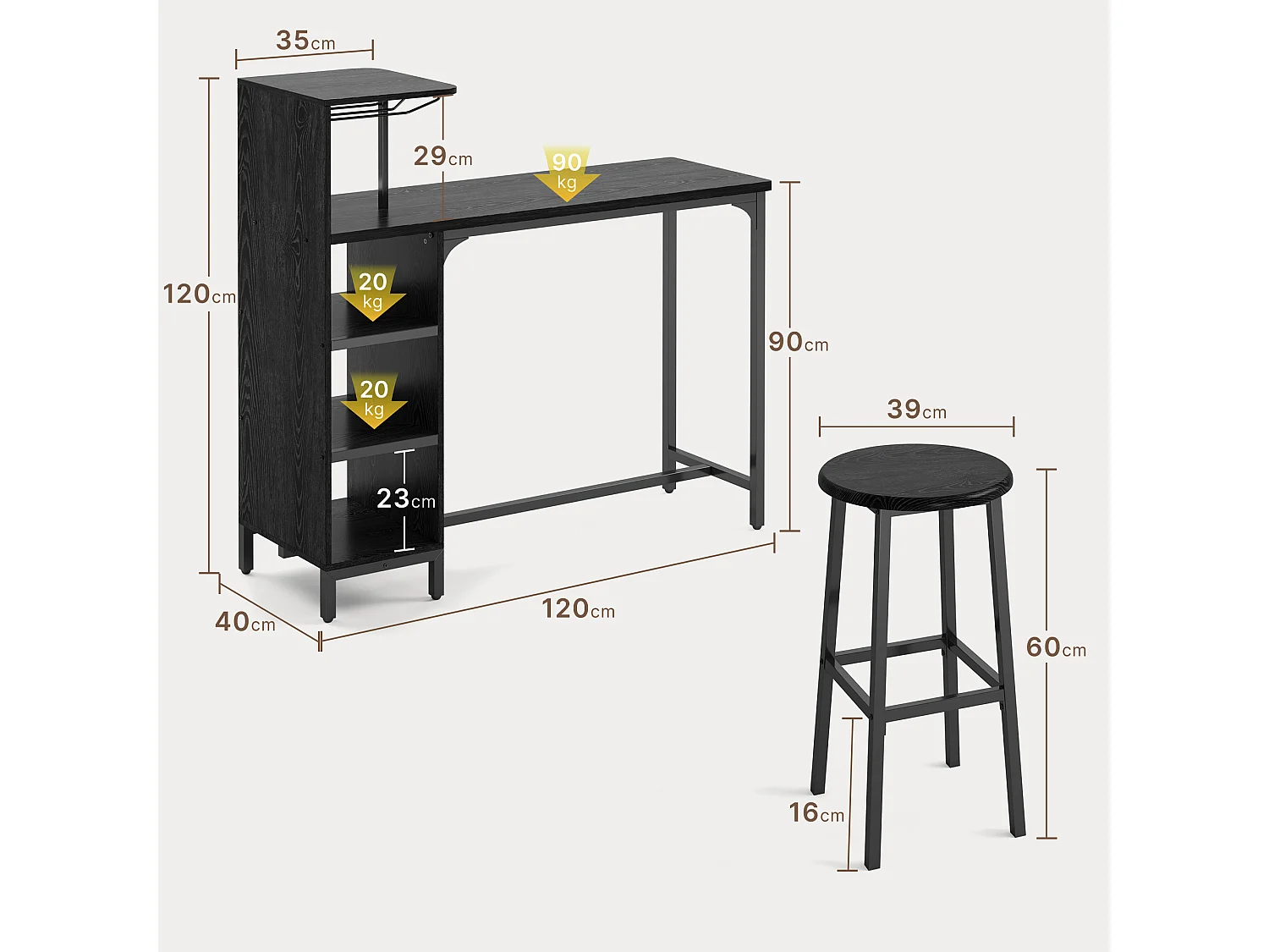 Ensemble de Table de Bar, comprenant 2 Tabourets, Table avec Porte-Verres à Vin et Support pour Bouteilles, Étagère Latérale 120×40×120 cm, Chaise 39×16×60 cm, Noir