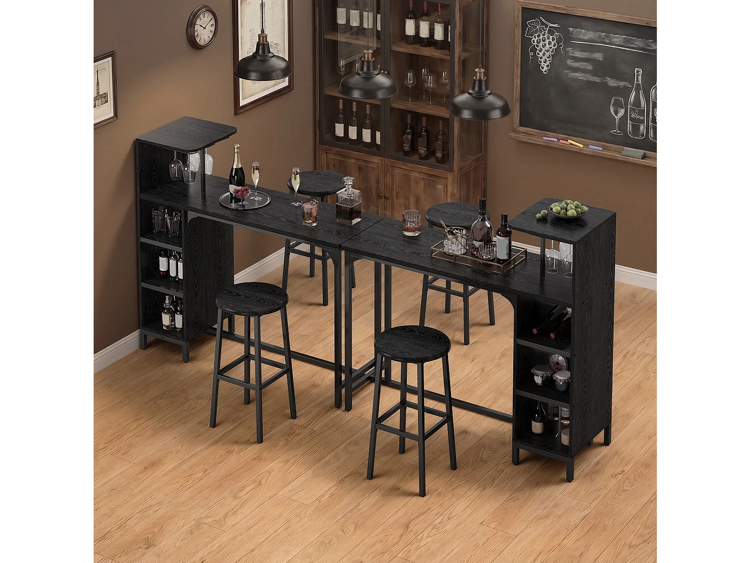 Ensemble de Table de Bar, comprenant 2 Tabourets, Table avec Porte-Verres à Vin et Support pour Bouteilles, Étagère Latérale 120×40×120 cm, Chaise 39×16×60 cm, Noir