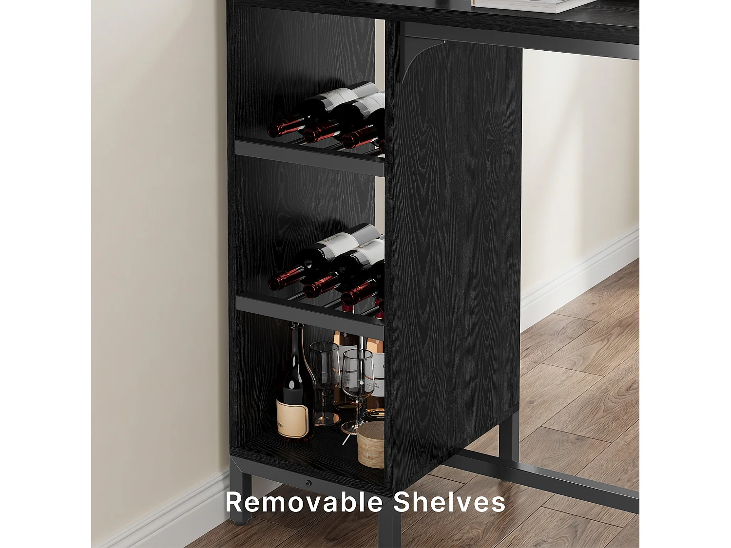 Ensemble de Table de Bar, comprenant 2 Tabourets, Table avec Porte-Verres à Vin et Support pour Bouteilles, Étagère Latérale 120×40×120 cm, Chaise 39×16×60 cm, Noir