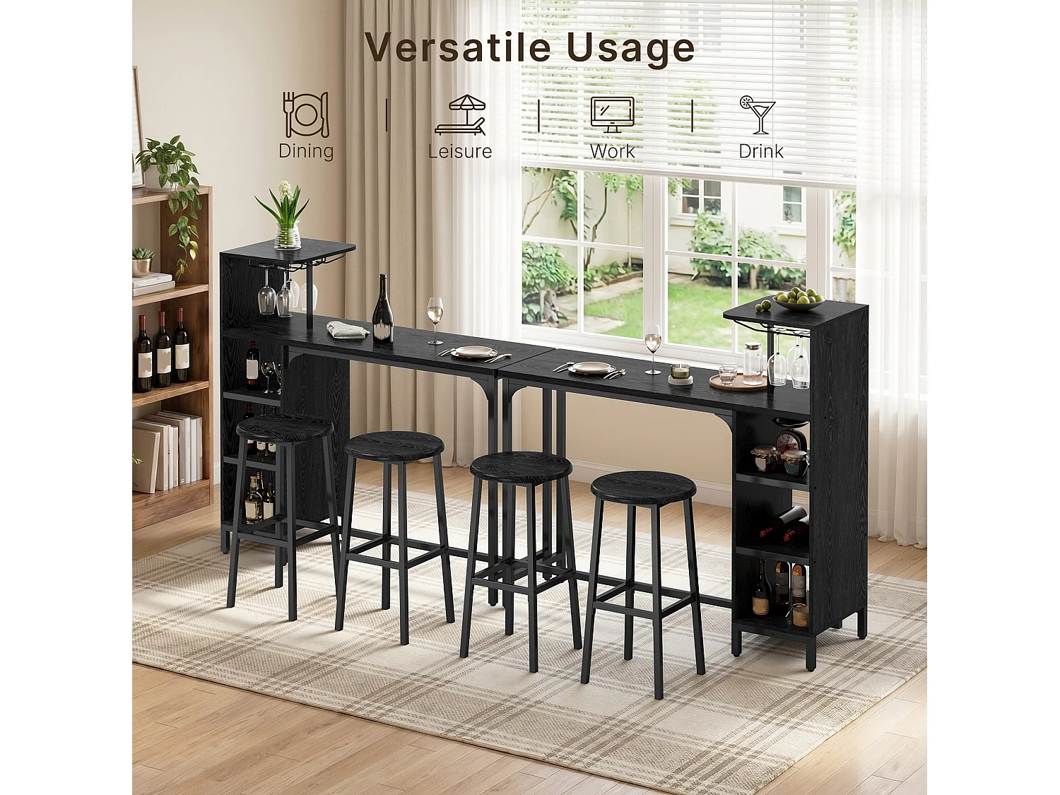 Ensemble de Table de Bar, comprenant 2 Tabourets, Table avec Porte-Verres à Vin et Support pour Bouteilles, Étagère Latérale 120×40×120 cm, Chaise 39×16×60 cm, Noir