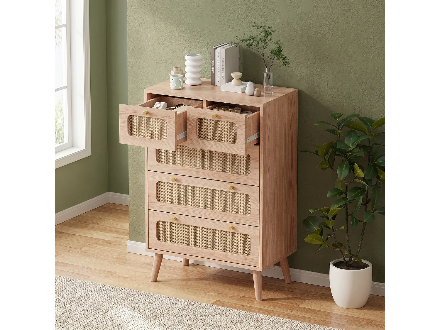 Commode Chambre, Armoire avec 5 tiroirs décorés en rotin, Meuble de Rangement avec Pieds en Bois, pour Coucher, Salon, Entrée,Chambre d'enfant, Natur
