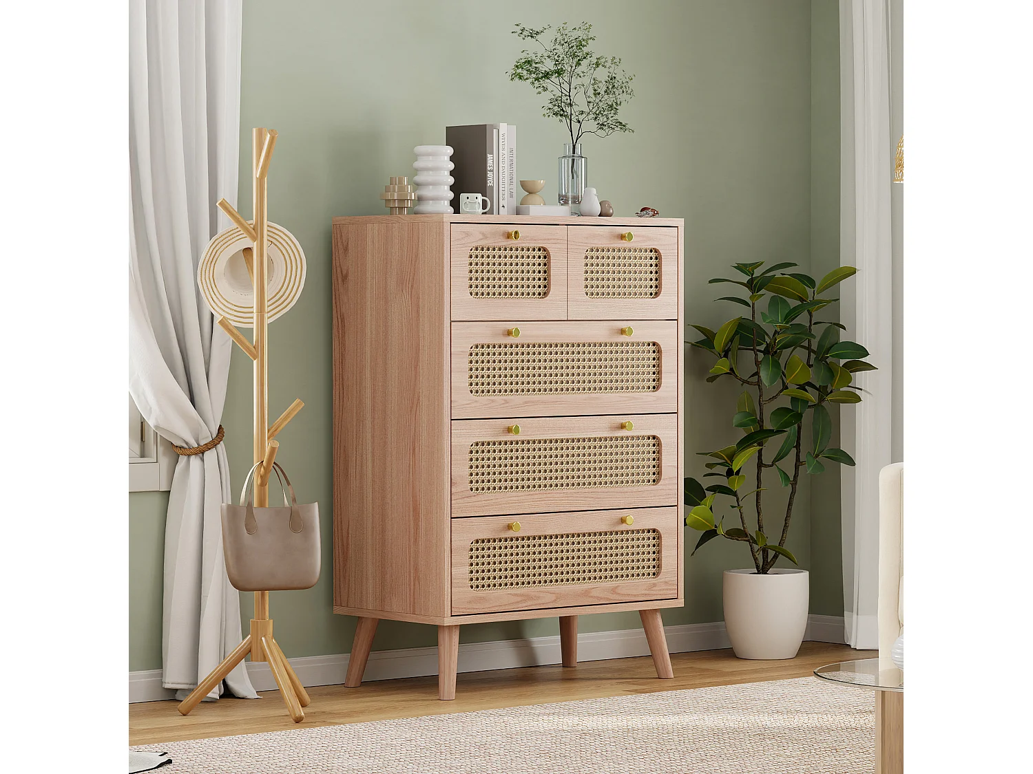 Commode Chambre, Armoire avec 5 tiroirs décorés en rotin, Meuble de Rangement avec Pieds en Bois, pour Coucher, Salon, Entrée,Chambre d'enfant, Natur