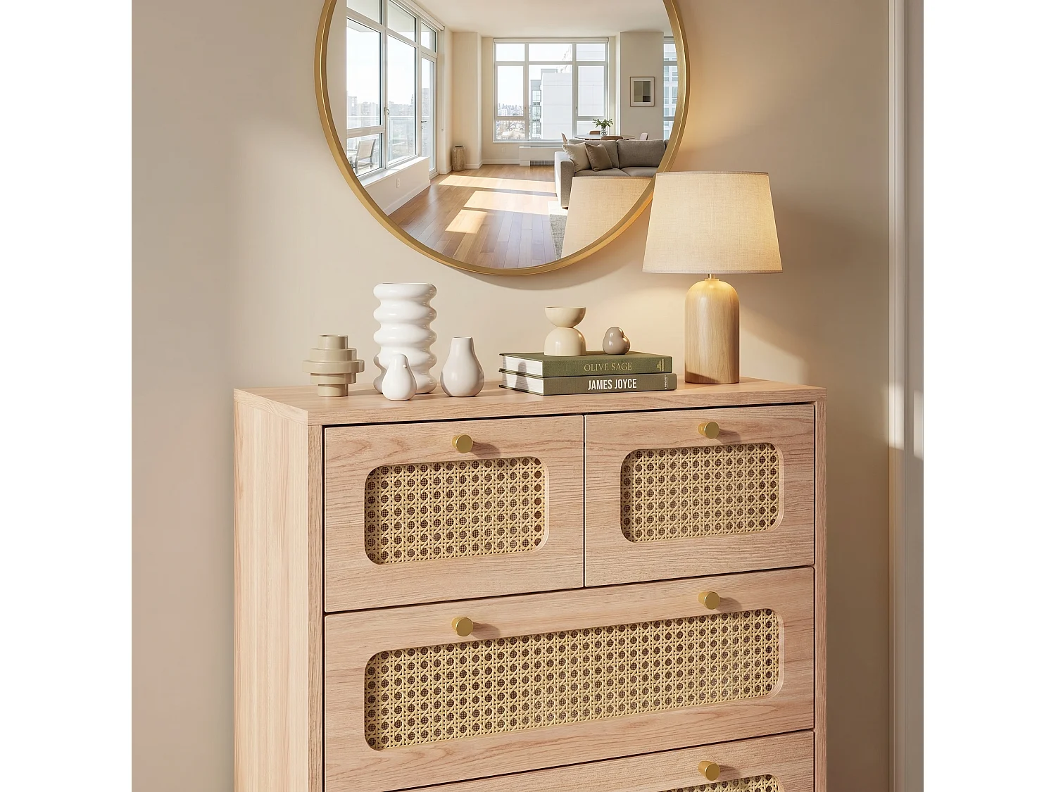 Commode Chambre, Armoire avec 5 tiroirs décorés en rotin, Meuble de Rangement avec Pieds en Bois, pour Coucher, Salon, Entrée,Chambre d'enfant, Natur