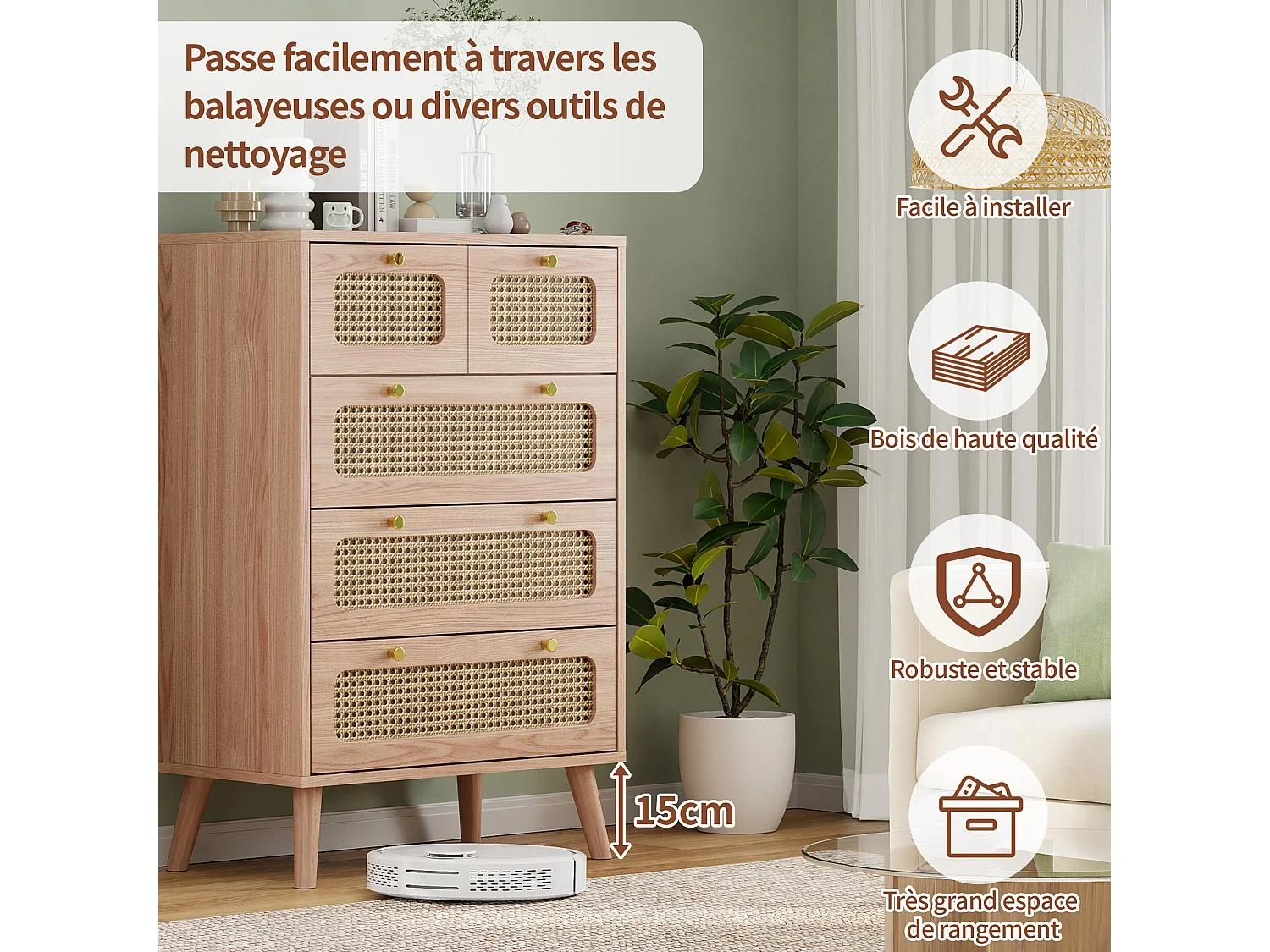 Commode Chambre, Armoire avec 5 tiroirs décorés en rotin, Meuble de Rangement avec Pieds en Bois, pour Coucher, Salon, Entrée,Chambre d'enfant, Natur