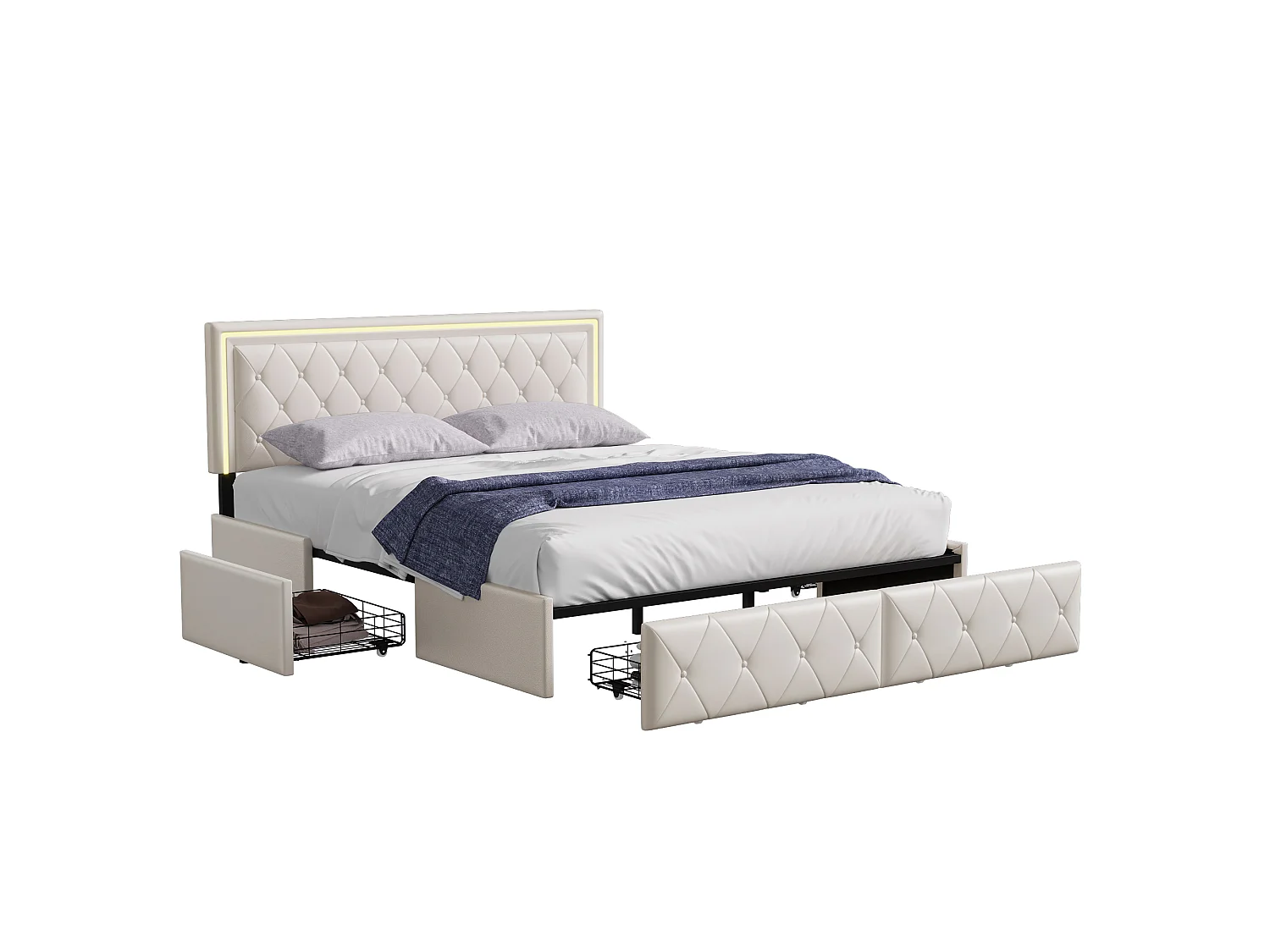 Lit Rembourré 140x200, Lit Double Avec Tête De Lit LED Et 4 Tiroirs, Lit Coffre, PU, ​​beige, Matelas Non Inclus