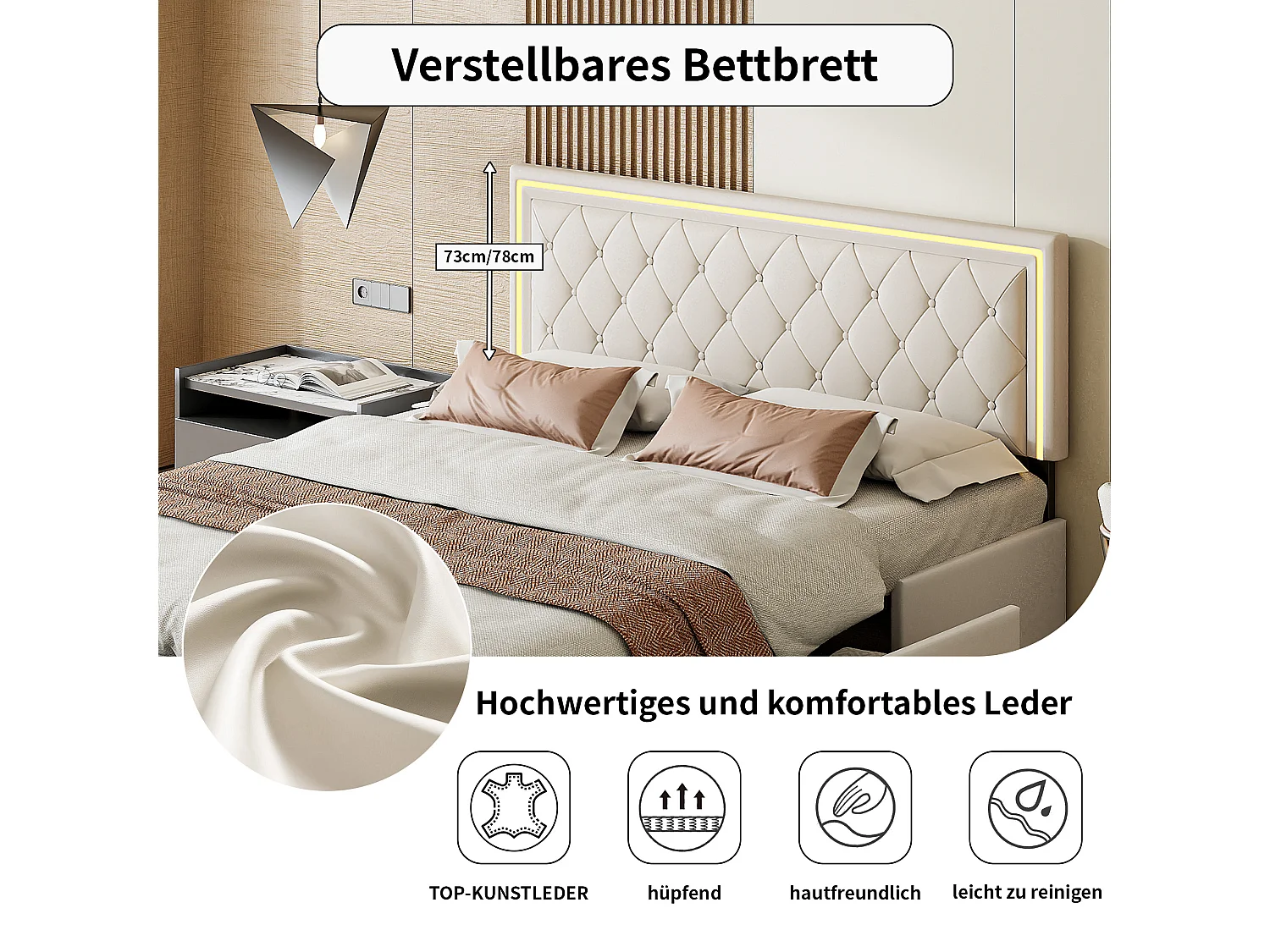 Lit rembourré 160x200, lit double avec tête de lit LED et 4 tiroirs, tête de lit réglable en hauteur, lit coffre, PU, ​​beige