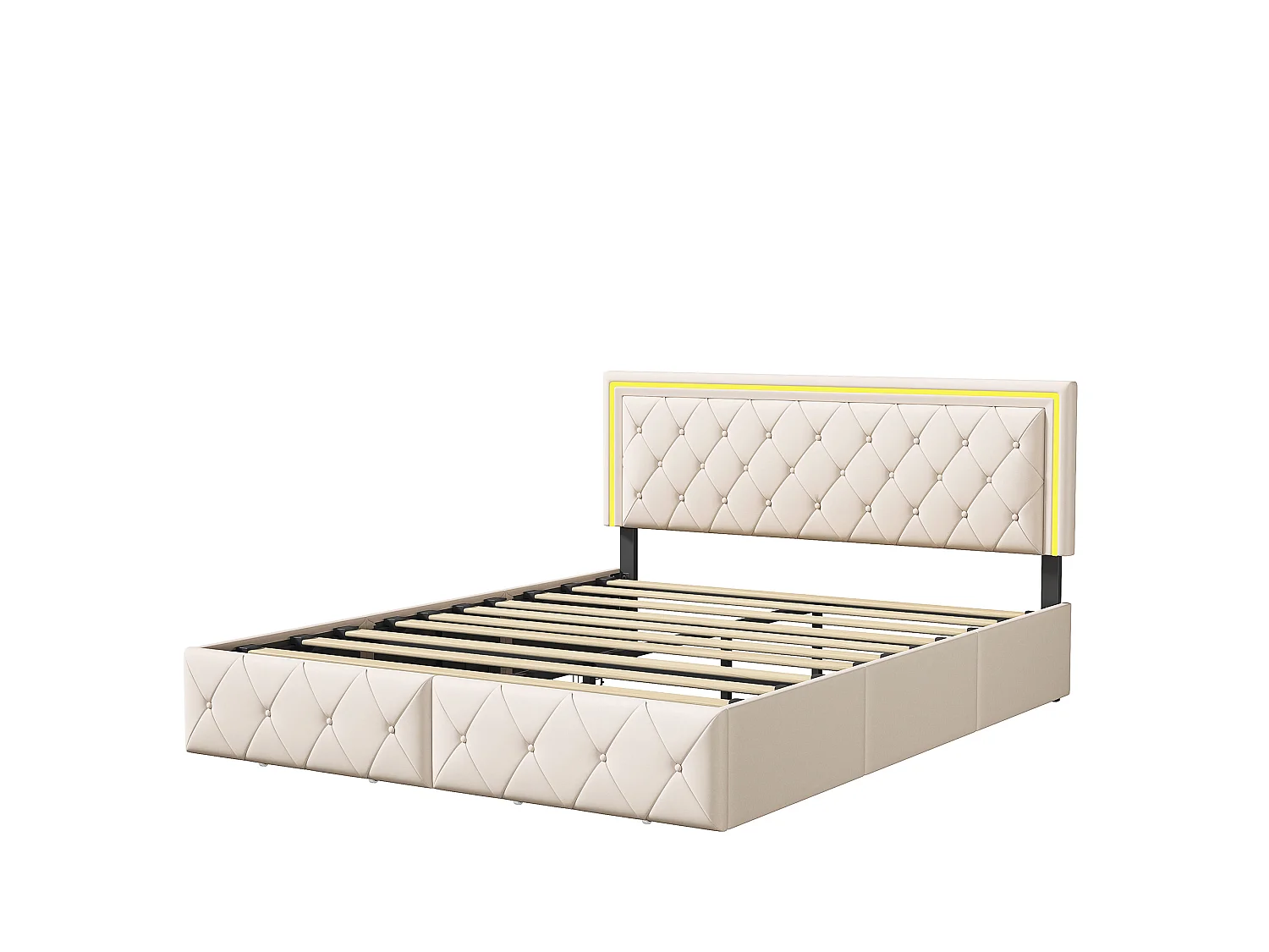 Lit rembourré 160x200, lit double avec tête de lit LED et 4 tiroirs, tête de lit réglable en hauteur, lit coffre, PU, ​​beige