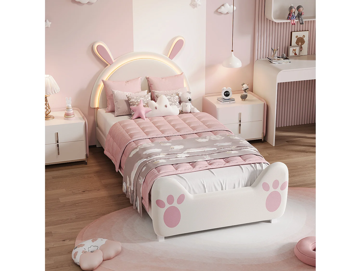 Lit enfant 90x200 cm - Éclairage LED - Tête de lit en forme d'oreilles de lapin-en Velours Rose (sans matelas)