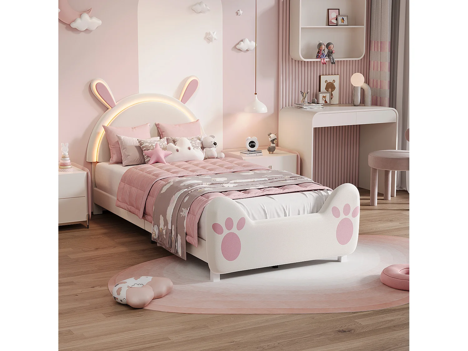 Lit enfant 90x200 cm - Éclairage LED - Tête de lit en forme d'oreilles de lapin-en Velours Rose (sans matelas)