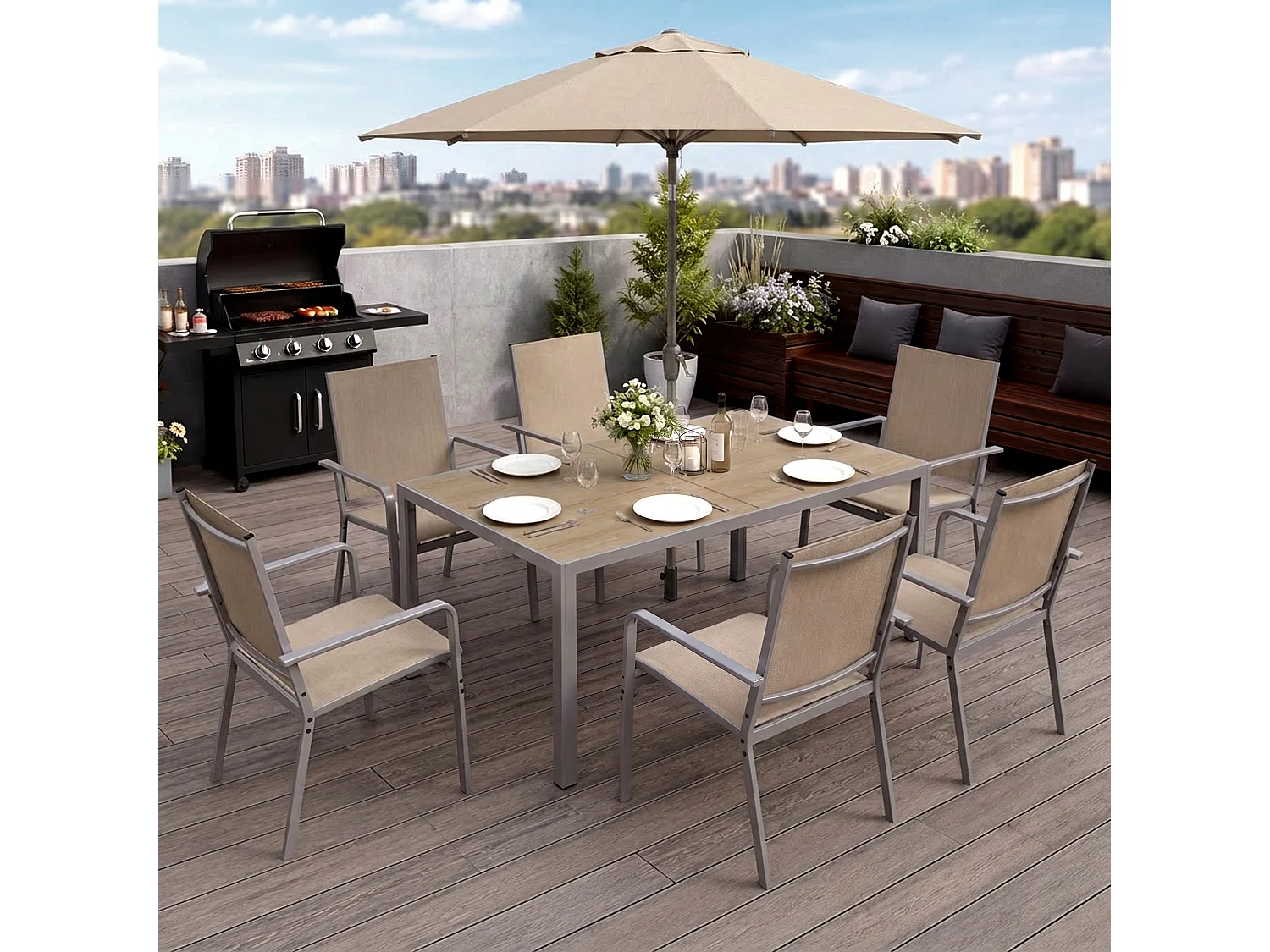 Set de Jardin Extérieur, Table de Jardin avec 6 Chaises Empilables Marron, Métal et Textilene, Table 151 x 75 x 72 cm, Chaise 58 x 53 x 88 cm