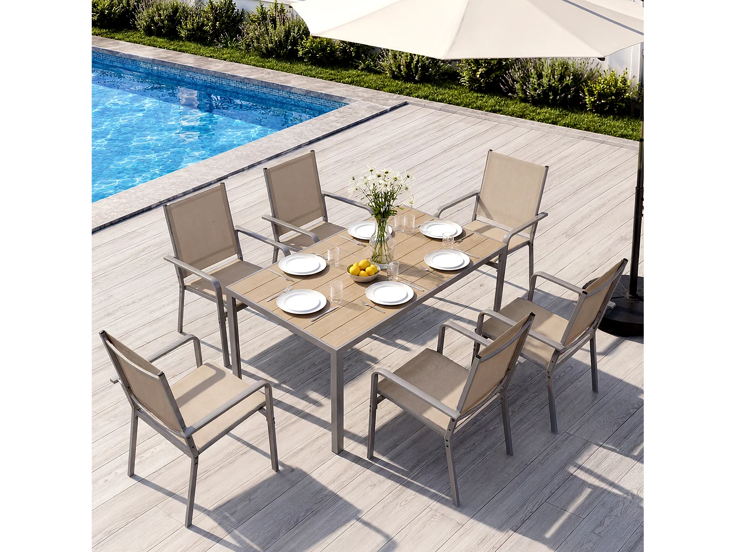 Set de Jardin Extérieur, Table de Jardin avec 6 Chaises Empilables Marron, Métal et Textilene, Table 151 x 75 x 72 cm, Chaise 58 x 53 x 88 cm