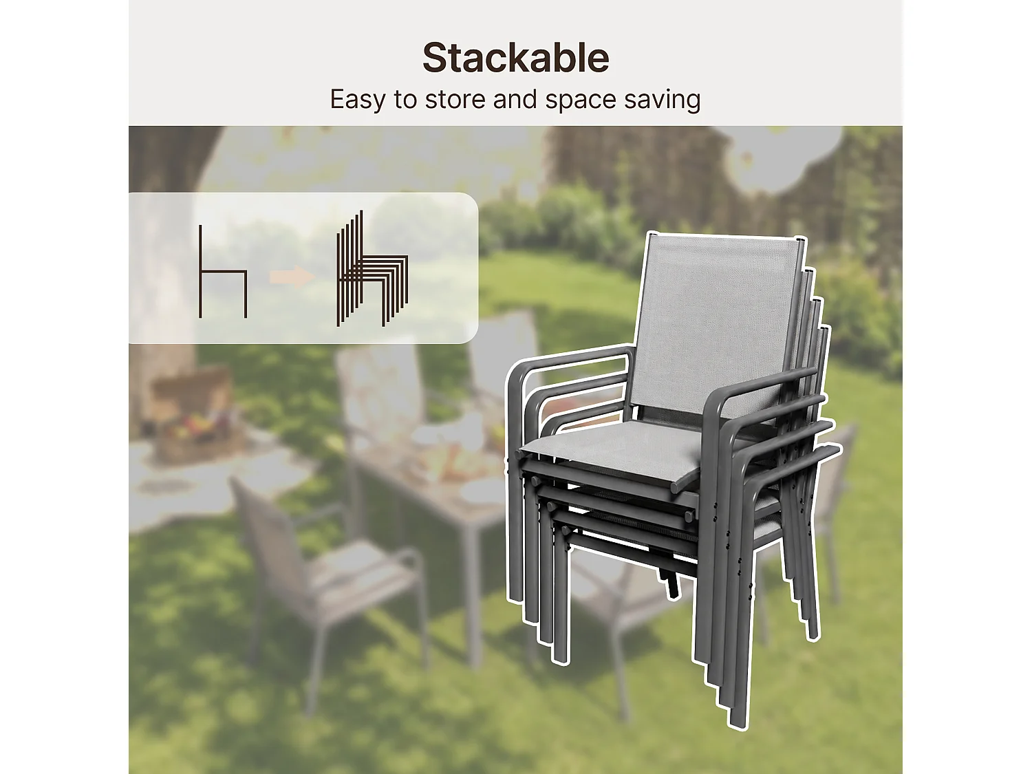 Set de Jardin Extérieur, Table de Jardin avec 6 Chaises Empilables Marron, Métal et Textilene, Table 151 x 75 x 72 cm, Chaise 58 x 53 x 88 cm