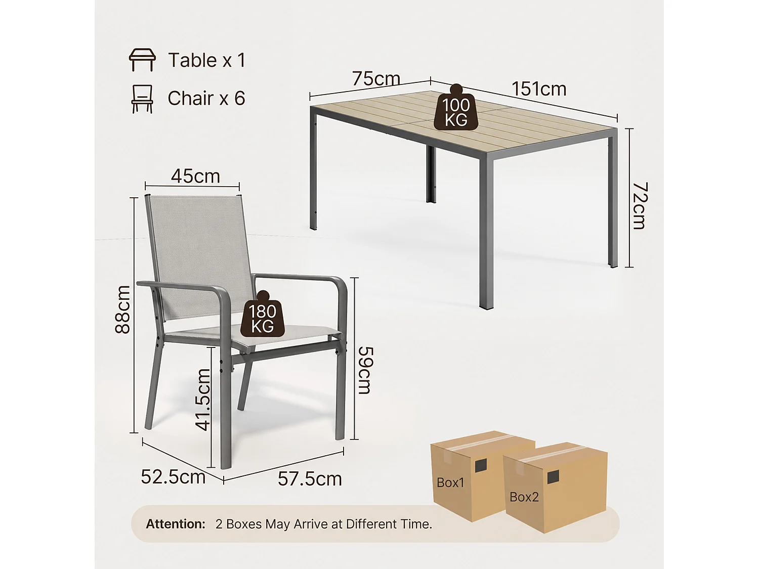 Set de Jardin Extérieur, Table de Jardin avec 6 Chaises Empilables Marron, Métal et Textilene, Table 151 x 75 x 72 cm, Chaise 58 x 53 x 88 cm