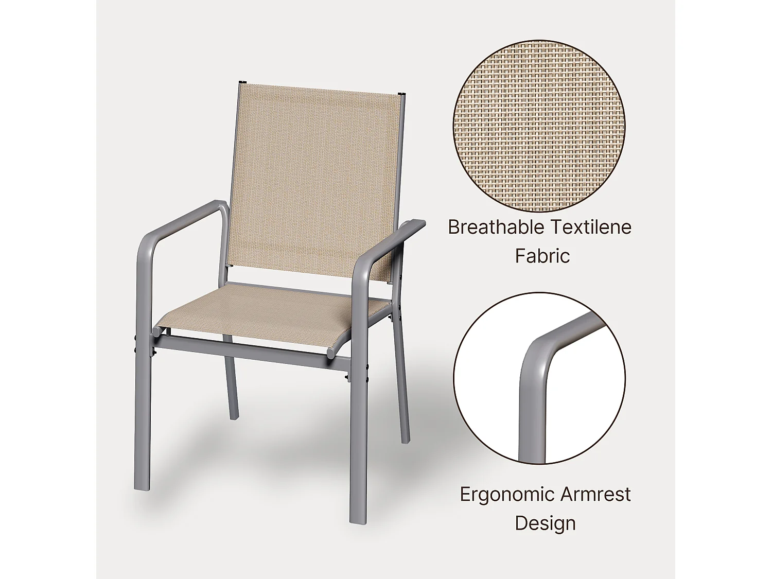 Set de Jardin Extérieur, Table de Jardin avec 6 Chaises Empilables Marron, Métal et Textilene, Table 151 x 75 x 72 cm, Chaise 58 x 53 x 88 cm
