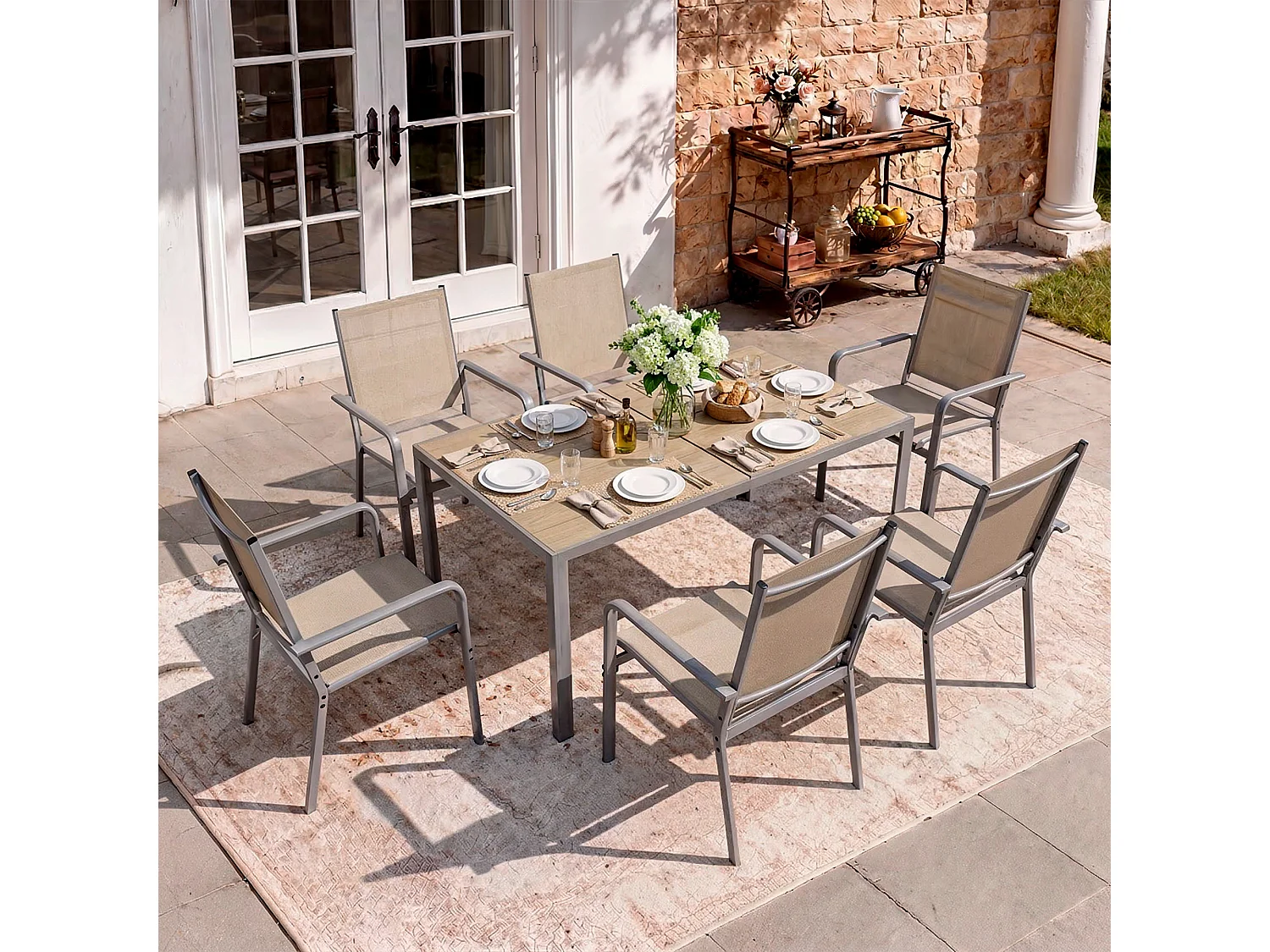 Set de Jardin Extérieur, Table de Jardin avec 6 Chaises Empilables Marron, Métal et Textilene, Table 151 x 75 x 72 cm, Chaise 58 x 53 x 88 cm