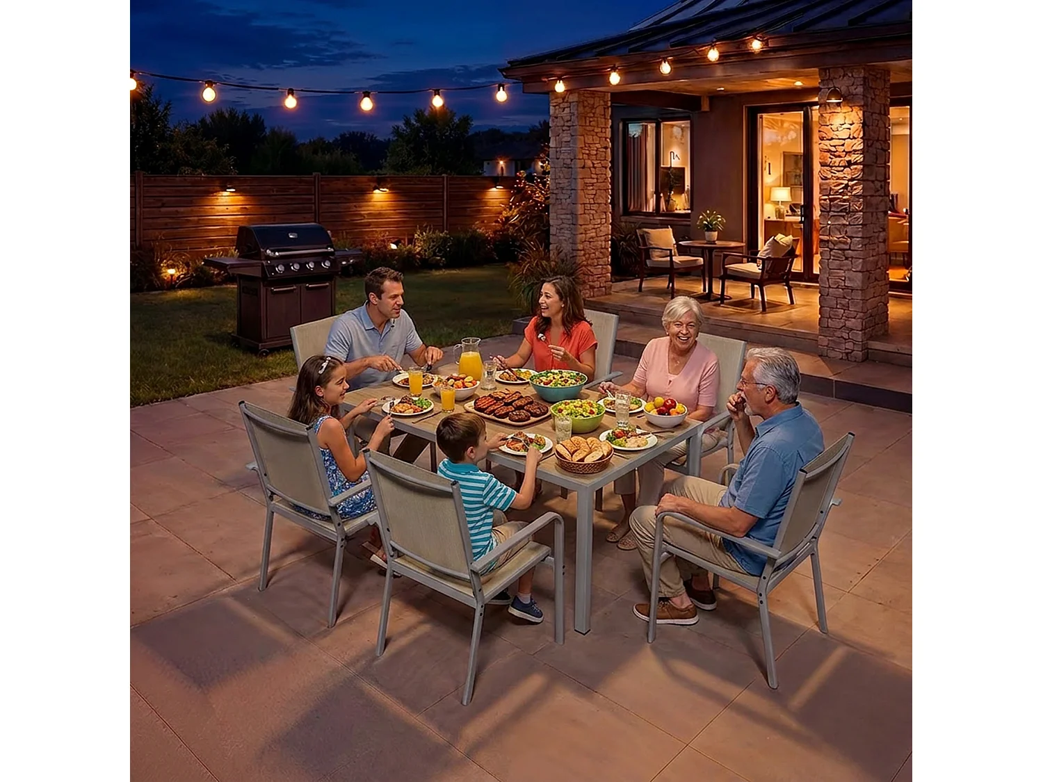 Set de Jardin Extérieur, Table de Jardin avec 6 Chaises Empilables Marron, Métal et Textilene, Table 151 x 75 x 72 cm, Chaise 58 x 53 x 88 cm