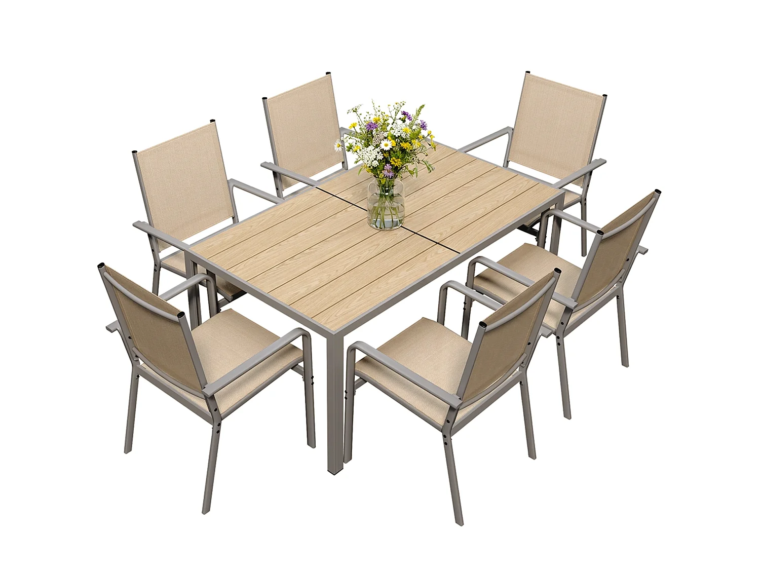 Set de Jardin Extérieur, Table de Jardin avec 6 Chaises Empilables Marron, Métal et Textilene, Table 151 x 75 x 72 cm, Chaise 58 x 53 x 88 cm