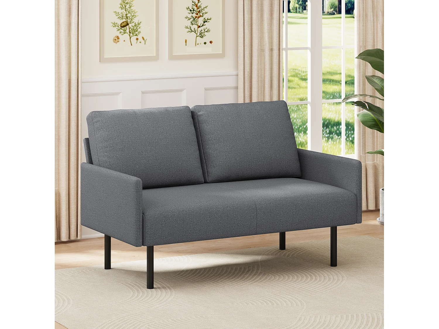 Canapé 2 Places en Tissu avec Coussins, Pieds Hauts Faciles À Nettoyer, Salon, Chambre, Bureau, 122×76×90 cm, Gris Clair, Gris Foncé