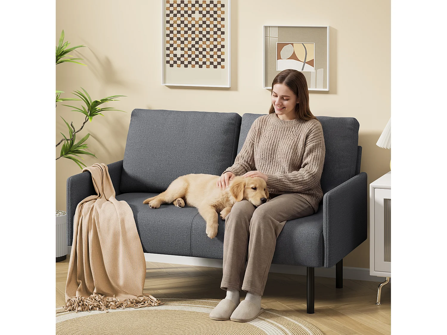 Canapé 2 Places en Tissu avec Coussins, Pieds Hauts Faciles À Nettoyer, Salon, Chambre, Bureau, 122×76×90 cm, Gris Clair, Gris Foncé