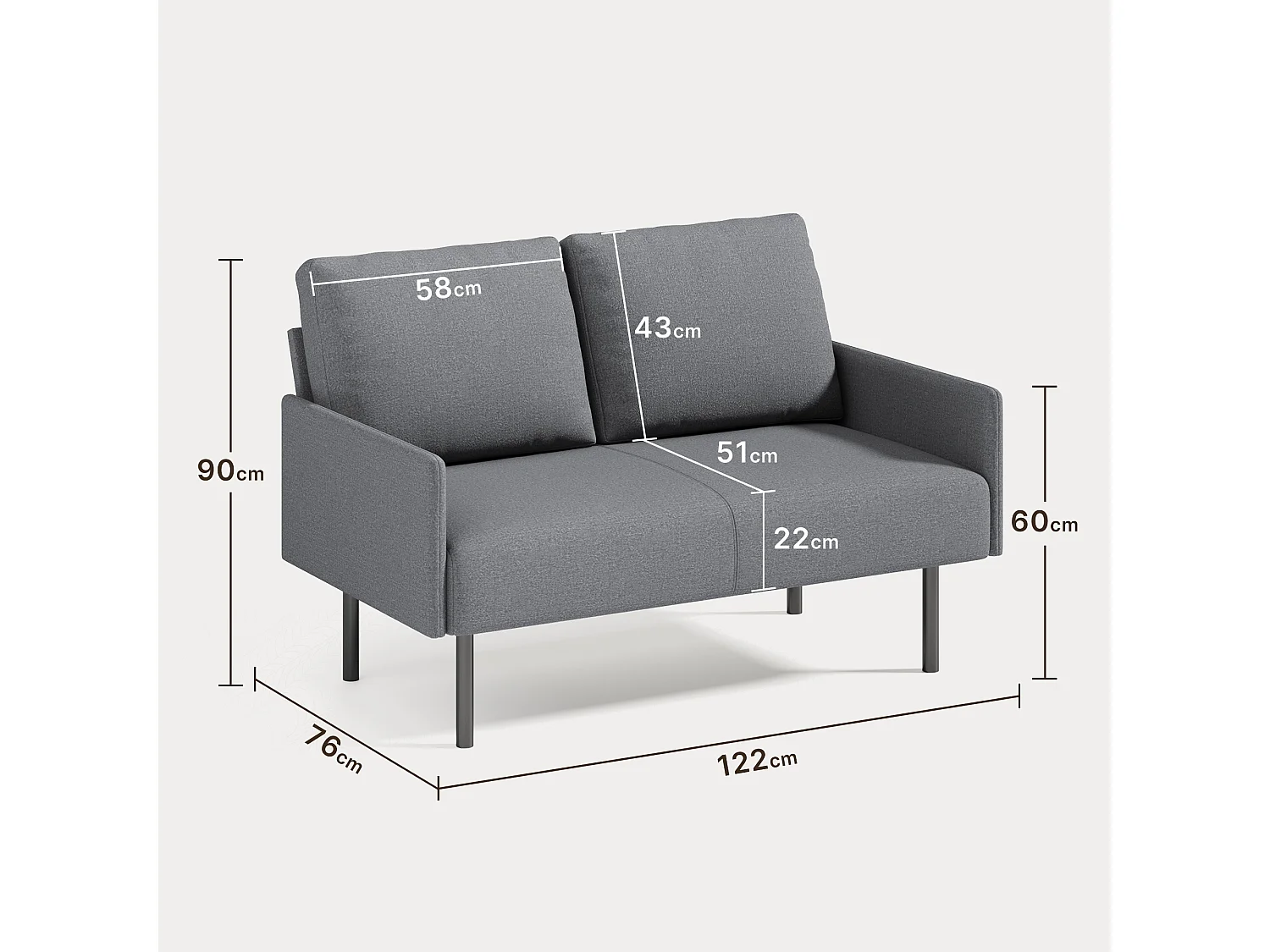 Canapé 2 Places en Tissu avec Coussins, Pieds Hauts Faciles À Nettoyer, Salon, Chambre, Bureau, 122×76×90 cm, Gris Clair, Gris Foncé