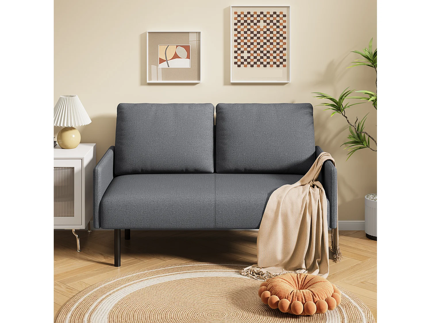Canapé 2 Places en Tissu avec Coussins, Pieds Hauts Faciles À Nettoyer, Salon, Chambre, Bureau, 122×76×90 cm, Gris Clair, Gris Foncé