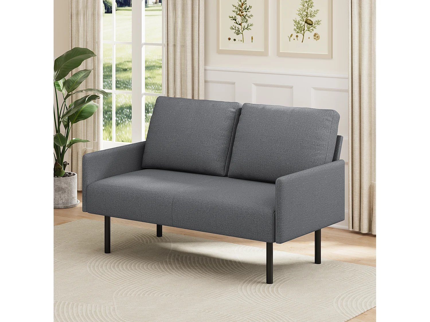 Canapé 2 Places en Tissu avec Coussins, Pieds Hauts Faciles À Nettoyer, Salon, Chambre, Bureau, 122×76×90 cm, Gris Clair, Gris Foncé