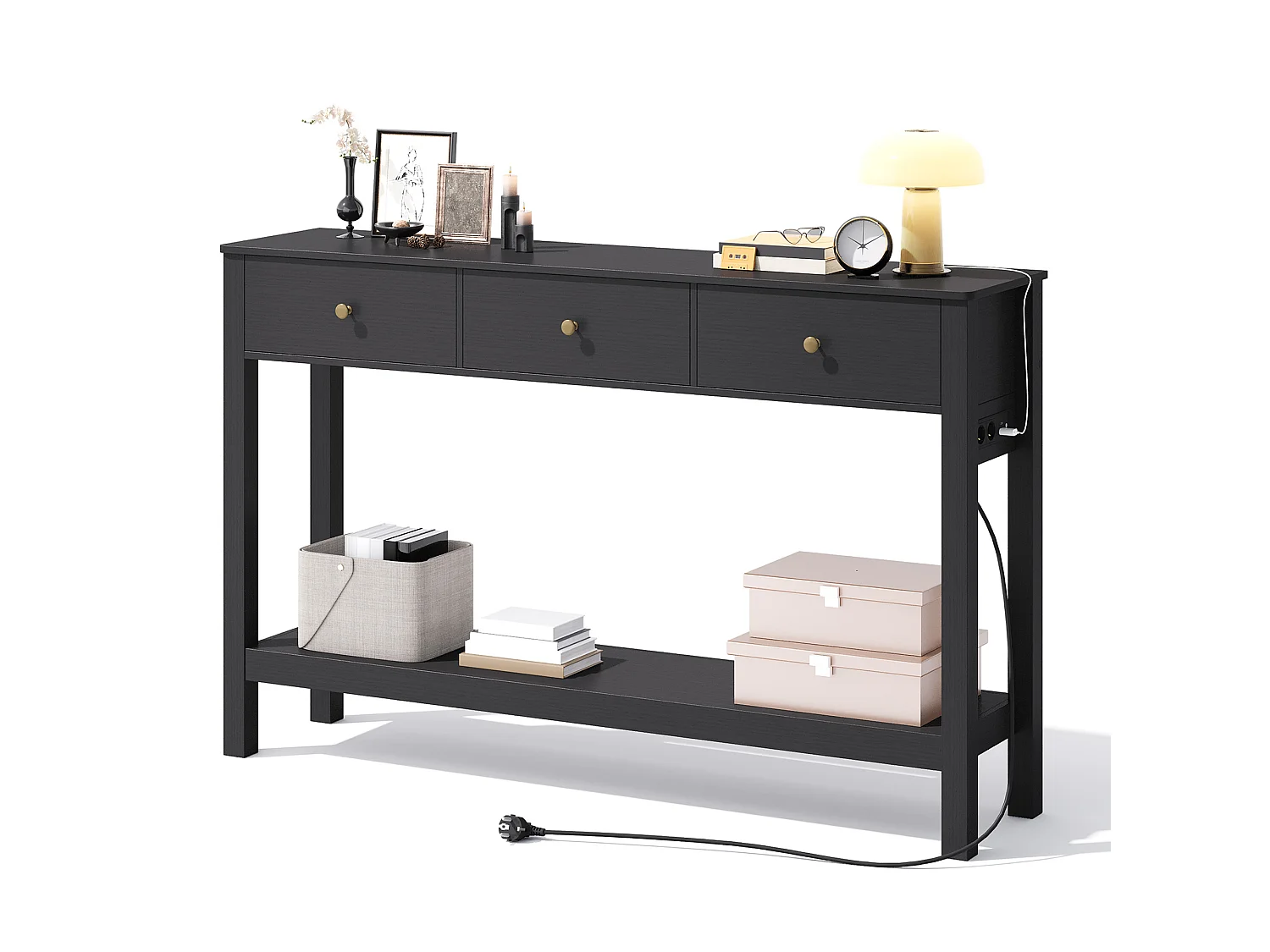 Console d'Entrée Bealife avec Prise de Charge à Gauche ou à Droite, 3 Tiroirs, 1 Étagère de Rangement, Dimensions 130 × 30 × 80 cm, Noir