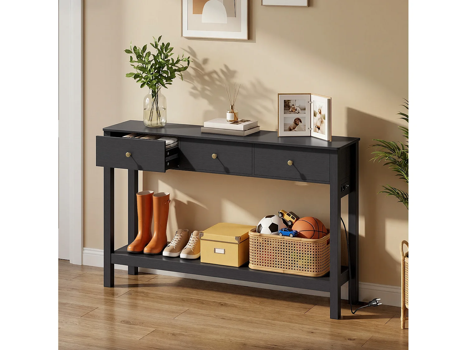 Console d'Entrée Bealife avec Prise de Charge à Gauche ou à Droite, 3 Tiroirs, 1 Étagère de Rangement, Dimensions 130 × 30 × 80 cm, Noir