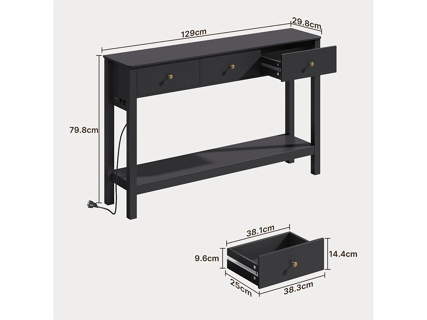 Console d'Entrée Bealife avec Prise de Charge à Gauche ou à Droite, 3 Tiroirs, 1 Étagère de Rangement, Dimensions 130 × 30 × 80 cm, Noir