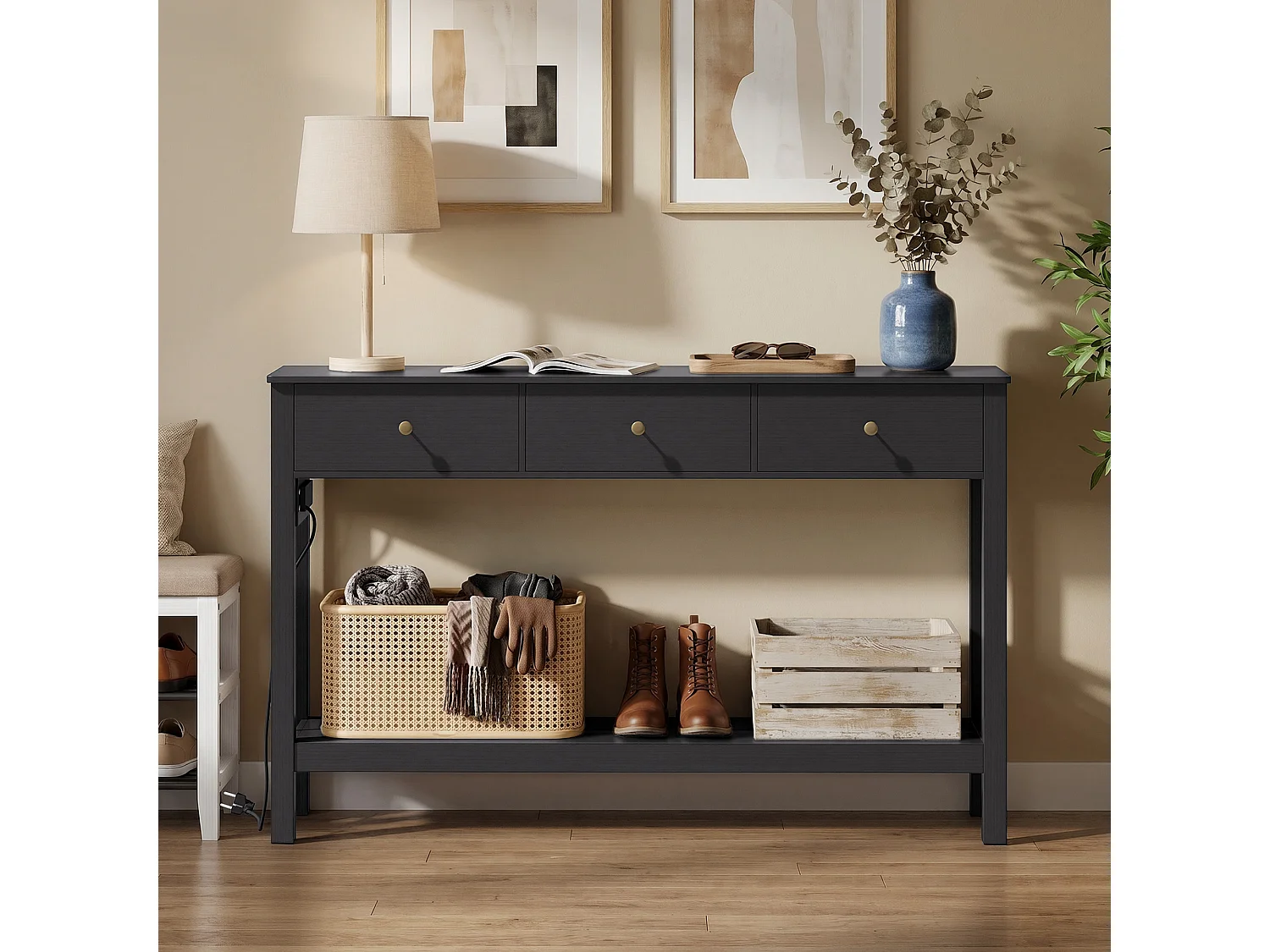 Console d'Entrée Bealife avec Prise de Charge à Gauche ou à Droite, 3 Tiroirs, 1 Étagère de Rangement, Dimensions 130 × 30 × 80 cm, Noir
