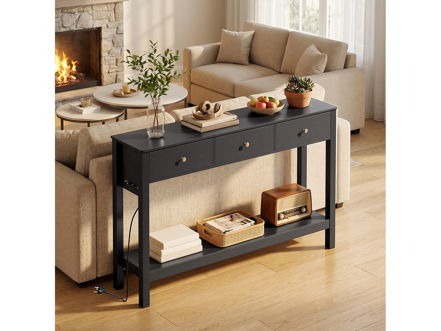 Console d'Entrée Bealife avec Prise de Charge à Gauche ou à Droite, 3 Tiroirs, 1 Étagère de Rangement, Dimensions 130 × 30 × 80 cm, Noir