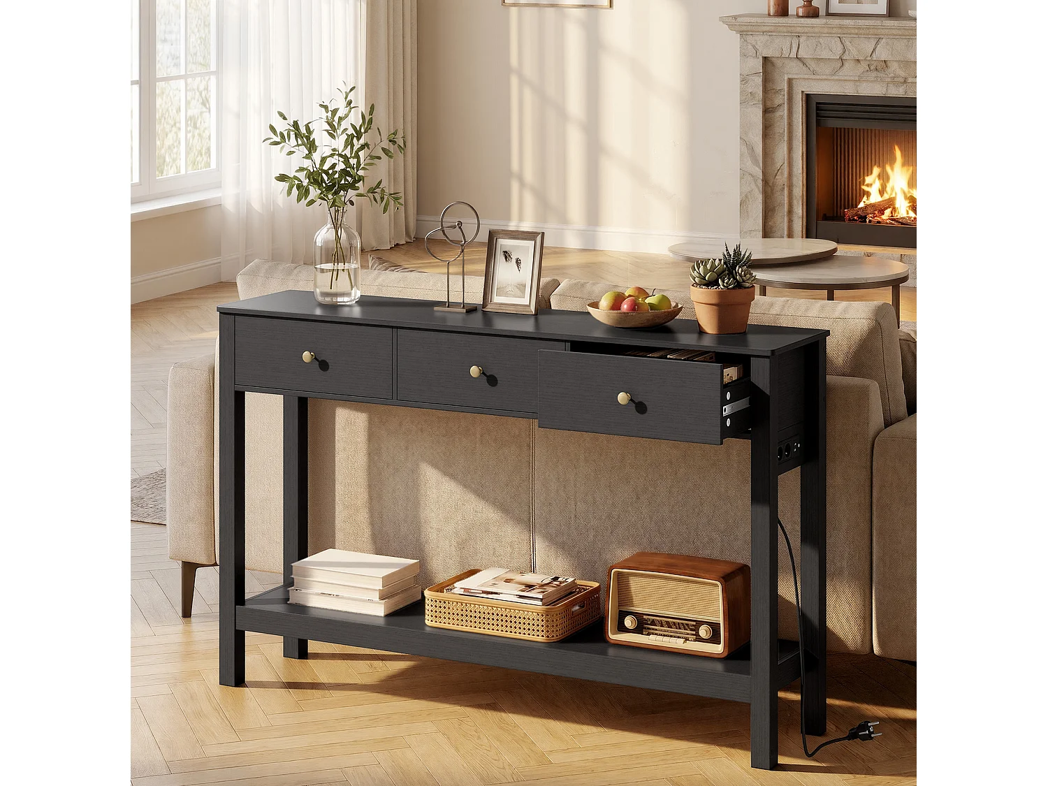 Console d'Entrée Bealife avec Prise de Charge à Gauche ou à Droite, 3 Tiroirs, 1 Étagère de Rangement, Dimensions 130 × 30 × 80 cm, Noir